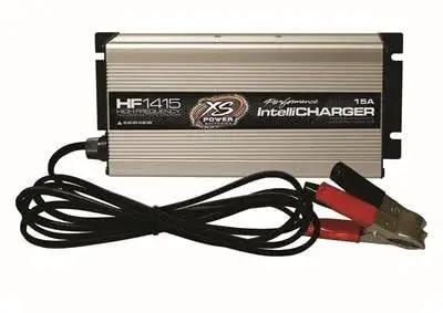 14V 15 Amp High Frequency AGM IntelliCharger For Racing Vehicles with attached cables and clamps
