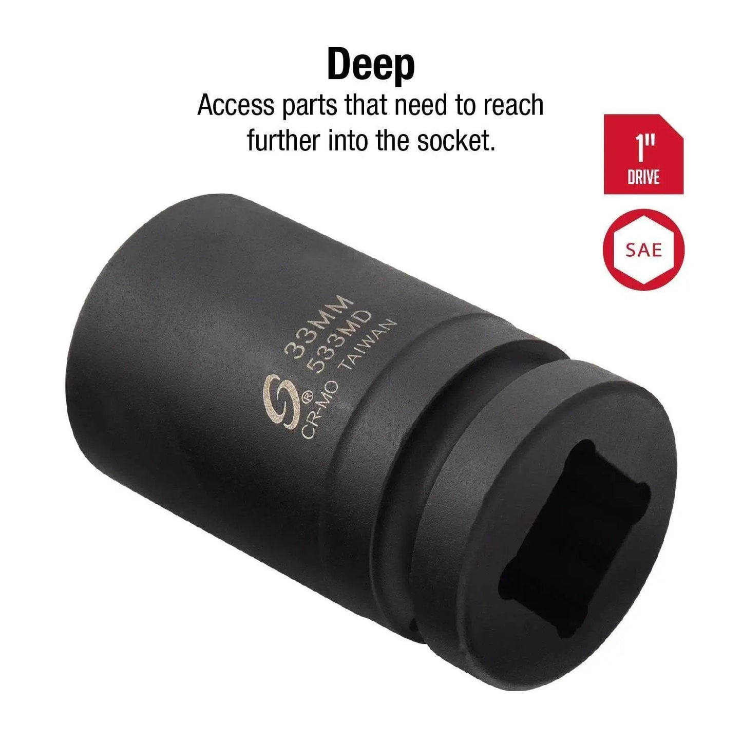 Deep Reach 1 Inch Drive 33mm Impact Socket With Cr-Mo Steel Radius Corner Design Chamfered Opening And Dual Size Markings For High Torque Jobs Sunex Tools showing front view on white background.