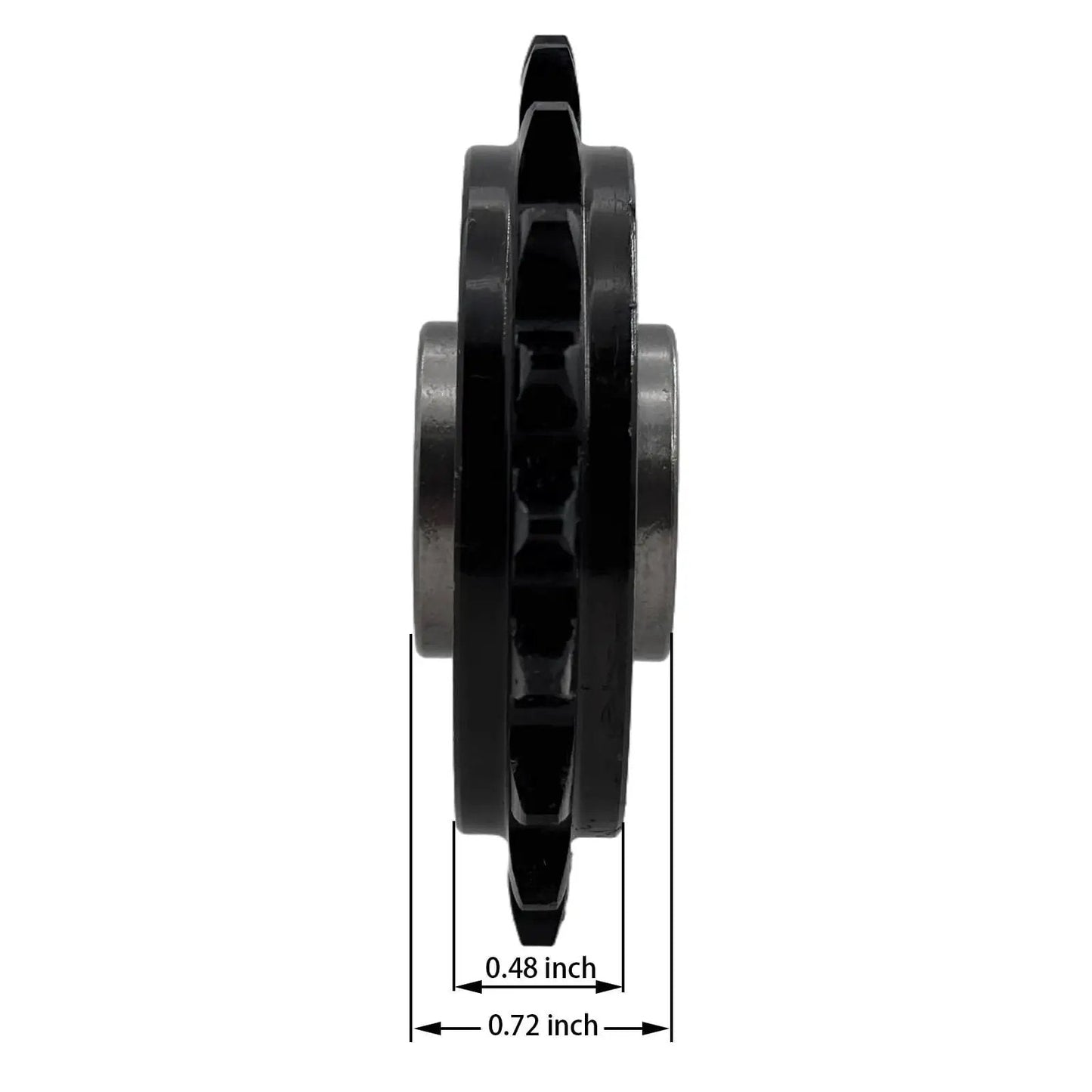 Side view of No 35 Roller Chain Idler Sprocket Type C with 5/8 bore, 20 teeth, showing blackened finish and dimensions in inches.