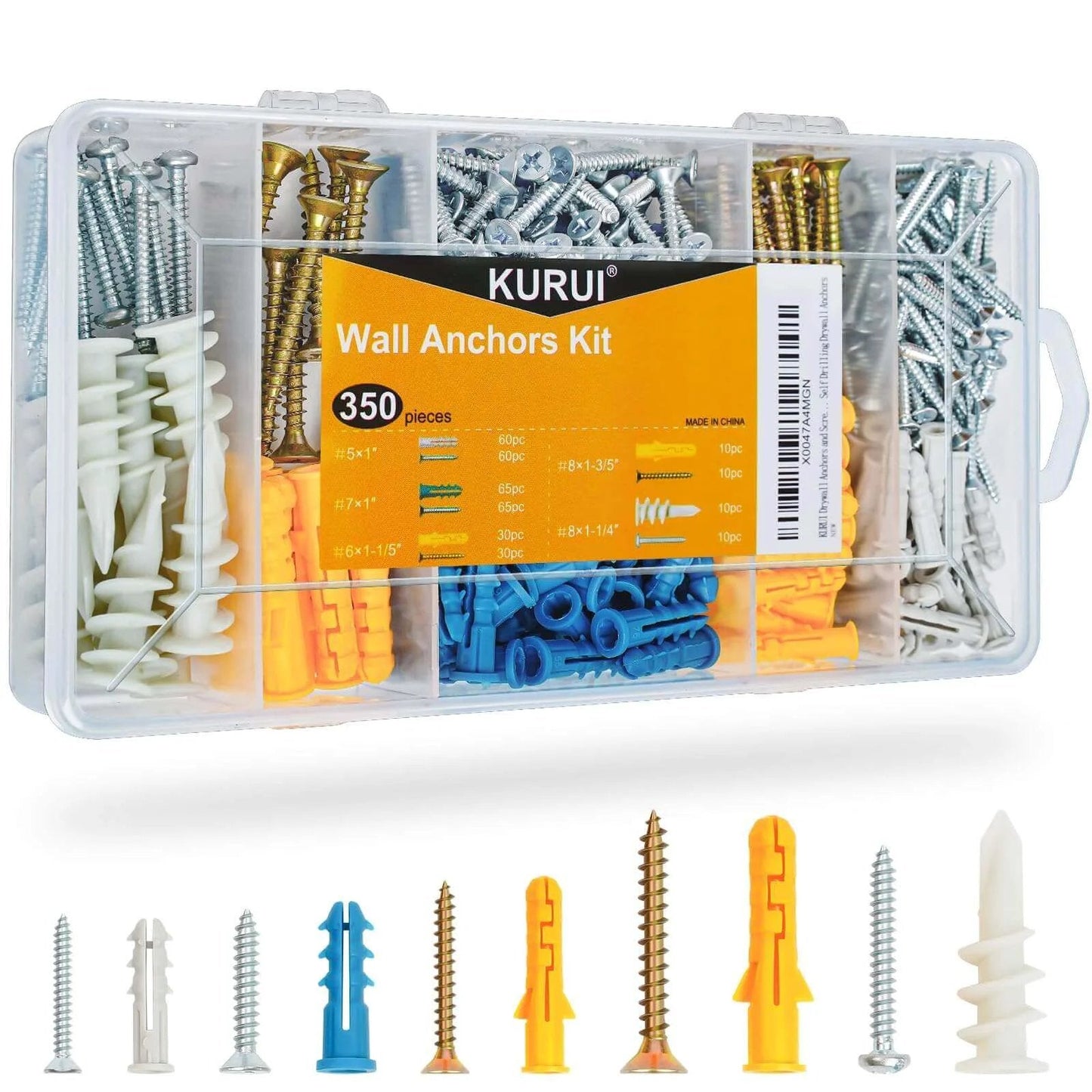 350 Pcs Drywall Anchors Assortment Kit for Sheetrock Concrete and Brick Including 175 Plastic Wall Anchors and 175 Flat Head Phillips Screws in 5 Common Sizes for Picture Hanging Wall Art and Home Decor