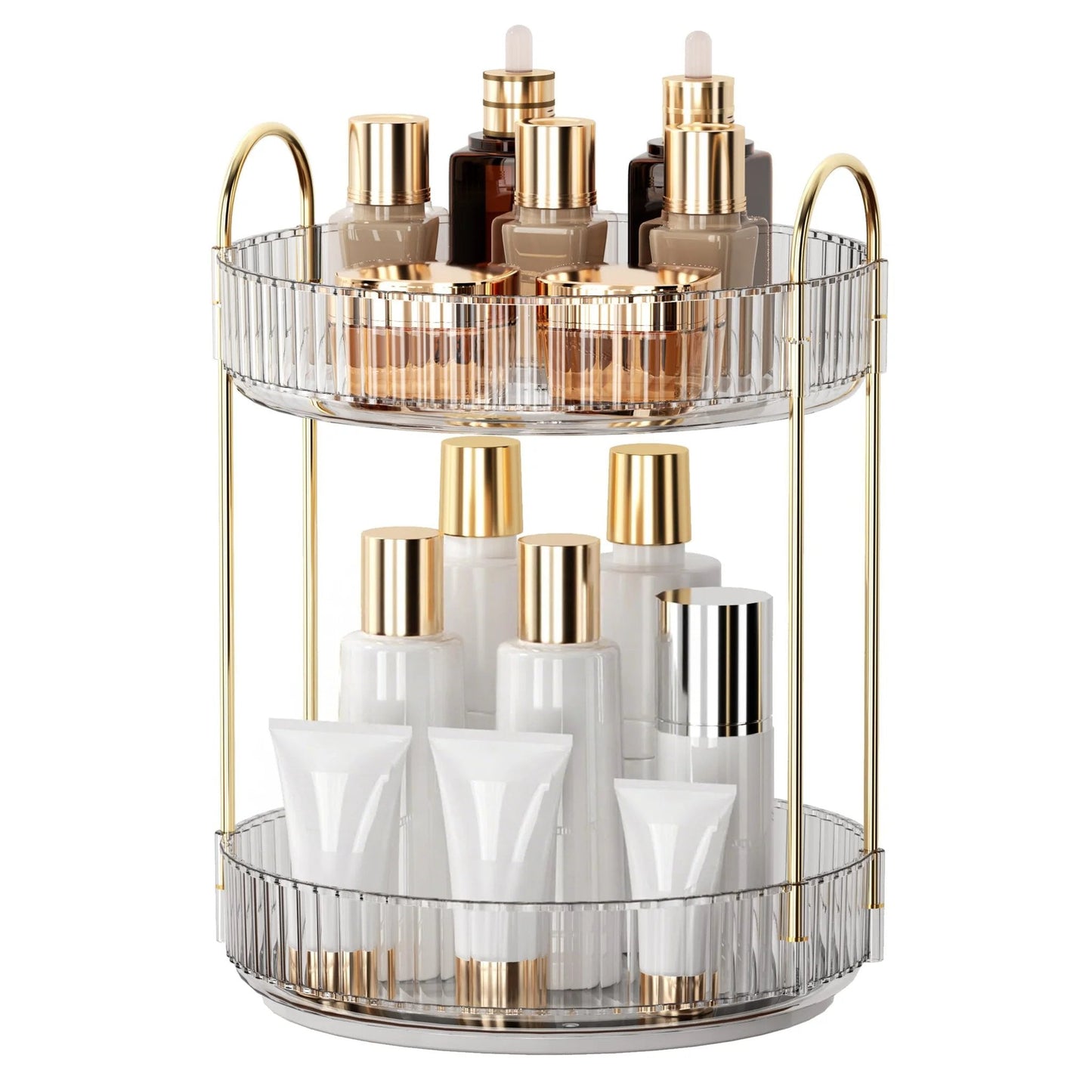 360 Degree Rotating Makeup Organizer and Storage for Vanity and Countertop High Capacity Cosmetic Skincare and Perfume Organizer with Two Tiers in Clear White Lazy Susan for Dresser