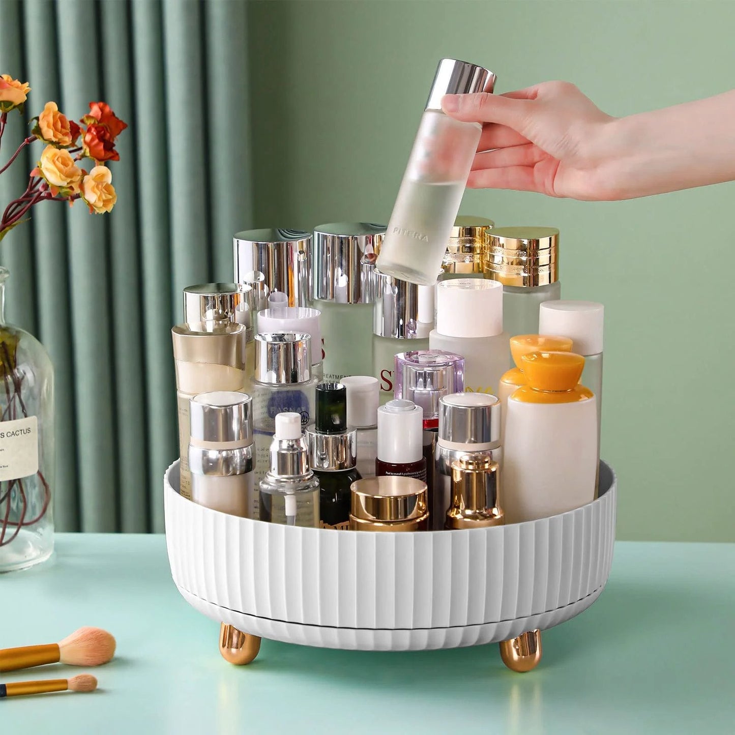 360 Degree Rotating Makeup And Perfume Organizer With Lazy Susan Display Tray For Cosmetics And Jewelry Large Capacity Round Storage Case With Clear Lids And Easy Access For Vanity Counter Or Dressing Table