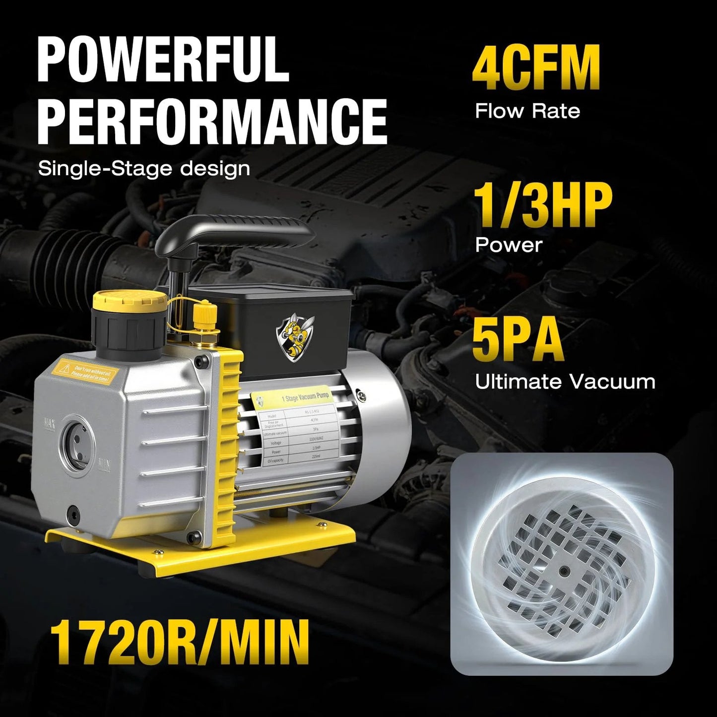 4 CFM 110V One Third HP Single Stage Rotary Vane Vacuum Pump for R12 R22 R134a R410a R502 R32 R1234yf Systems Shop Ready For AC HVAC Servicing Resin Degassing Includes Oil Bottle And Fast Moisture Removal Before Refrigerant Refill - side view with details on performance specs