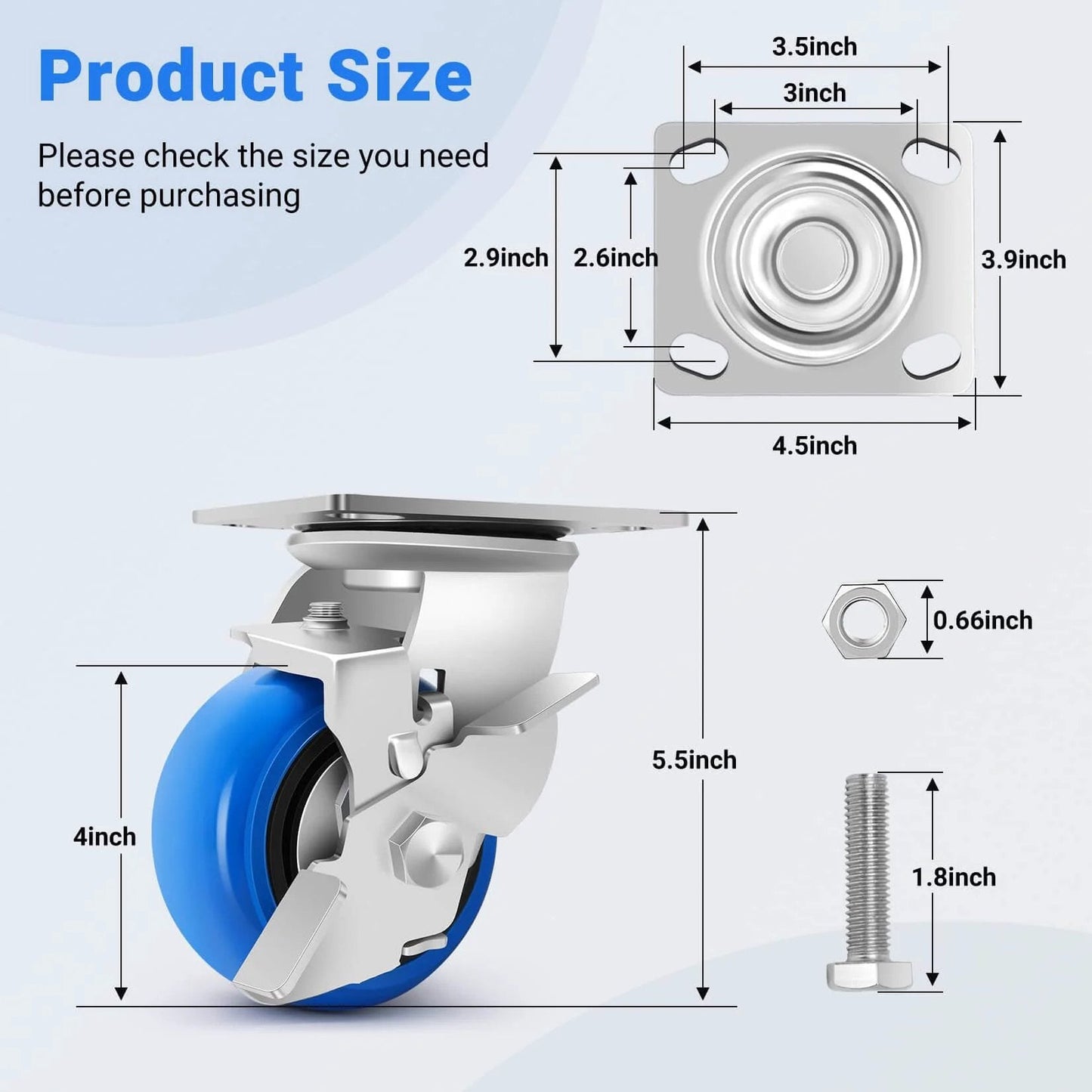 4 Inch Heavy Duty Casters with smooth rolling PU wheels dimensions diagram and size measurements showing brackets and hardware details.