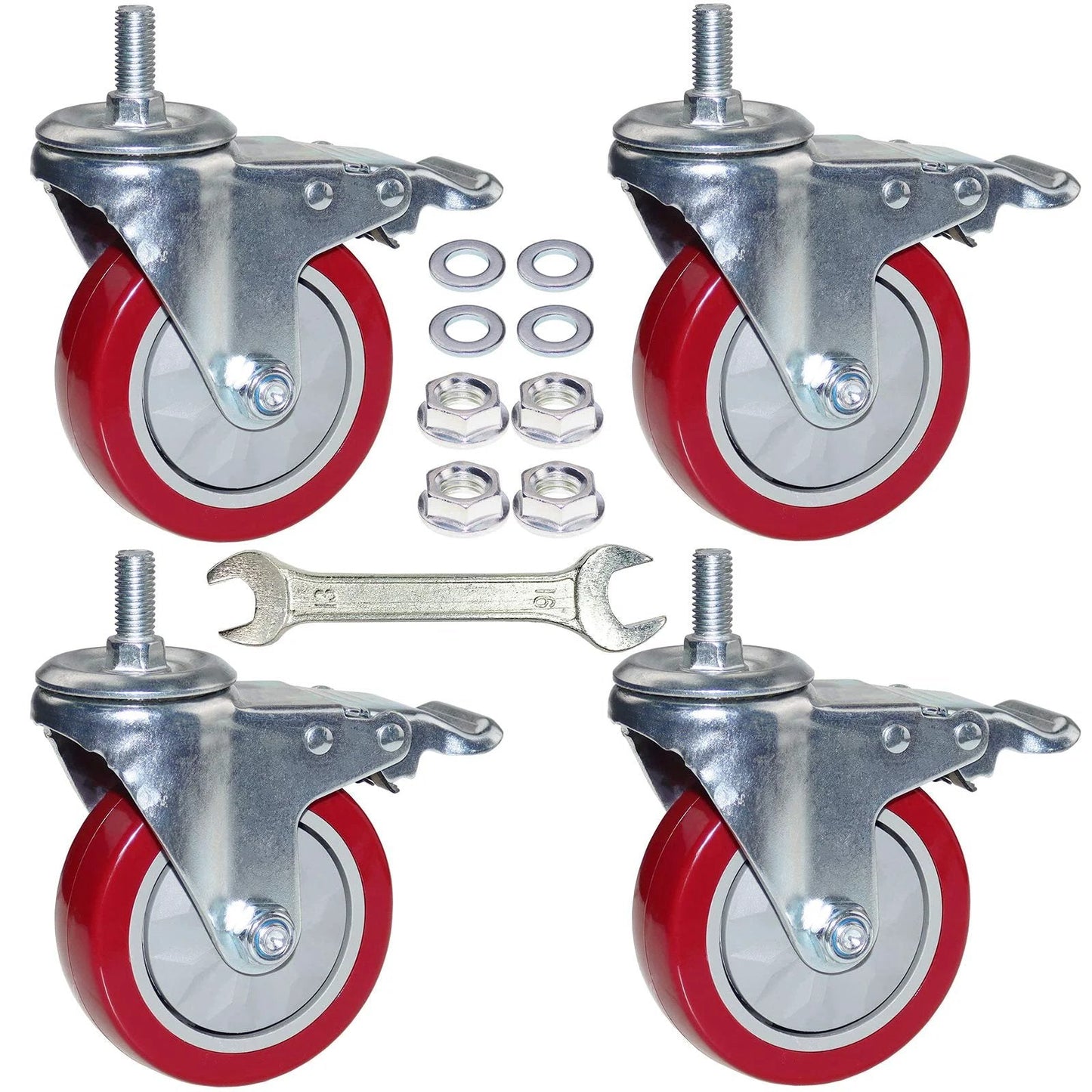 4 Inch Heavy Duty Stem Casters With 360 Degree Swivel And Double Locking Brake Red PVC Wheels M12 1.75 Thread Thickened Galvanized Bracket Load Capacity Up To 1200 Pounds Pack Of Four For Workbenches Furniture Carts