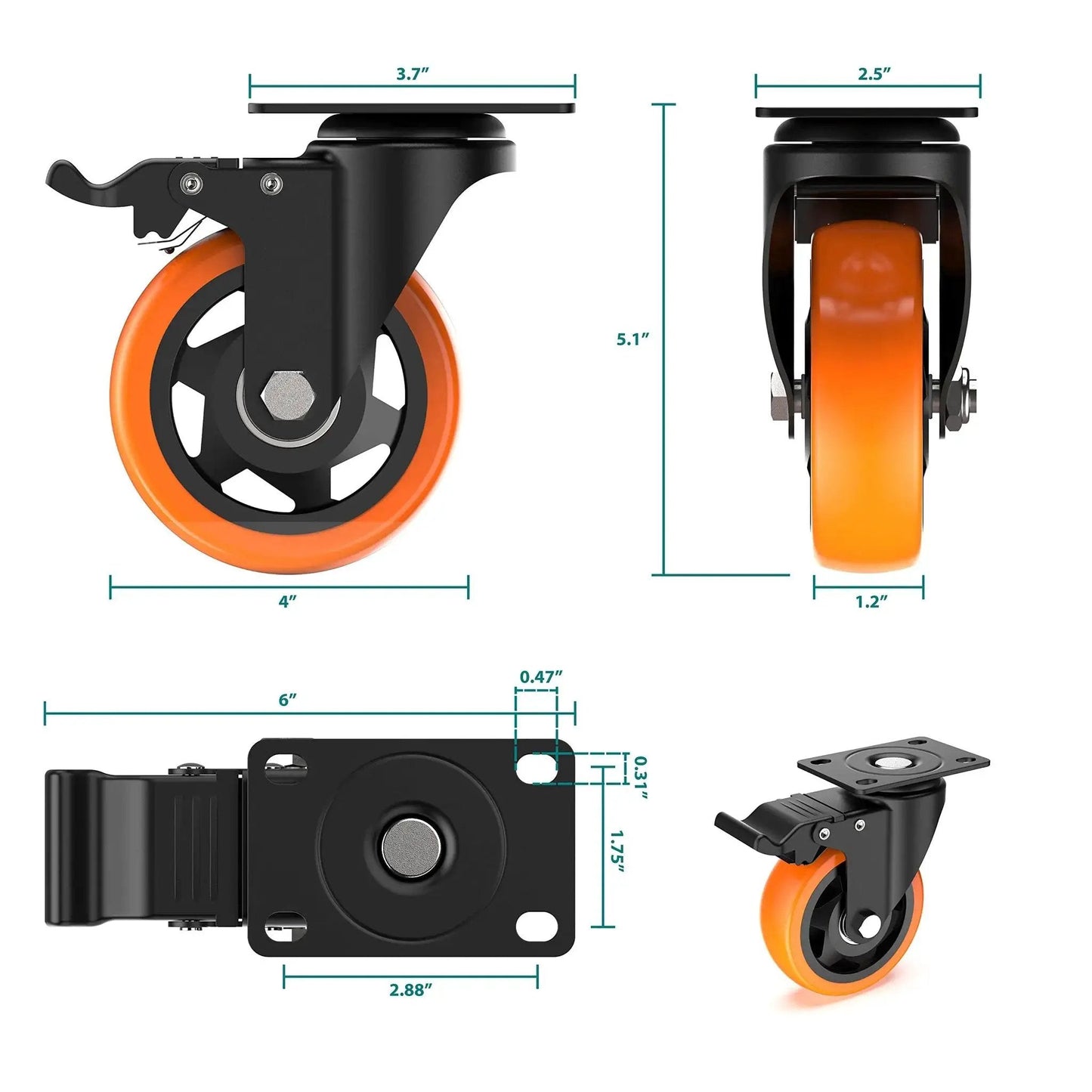 4 Inch Swivel Caster Wheels With Safety Total Lock and 360 Degree Rotation Heavy Duty Plate Casters Total Capacity 1200 Lbs For Flight Cases Mobile Workstations Trolleys Pack Of 4 Orange, showing front, side, and top views with dimensions.