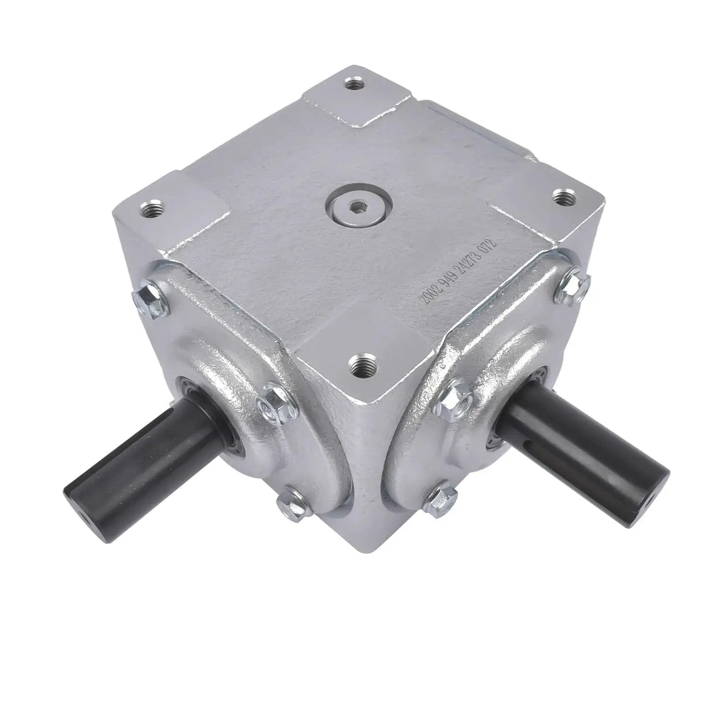 Beefy 40 HP Right Angle Bevel Gearbox With 2 Keyed Shafts 1 To 1 Cast Iron, front view showing 1-inch shafts and durable cast iron housing.