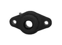 Front view of durable 40mm stainless narrow set screw clamp in a black finish, two-bolt plastic body with open cover and back seal.