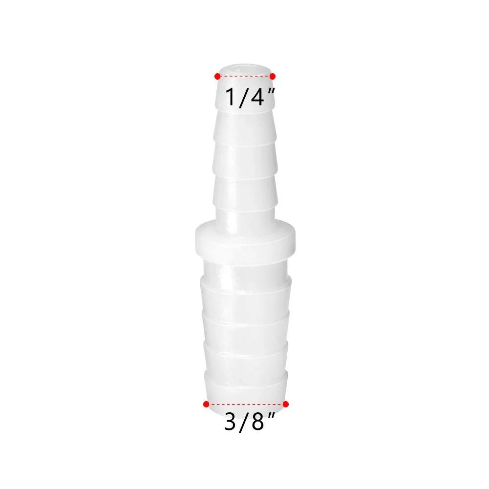 Plastic Hose Barb Reducer Fitting 3/8 to 1/4 Inch Barbed Reducing Union Adapter Splicer Joint Set Pack Of 2 Durable Easy To Install Leak Free Connections For Garden And DIY Tubing image showing size measurements
