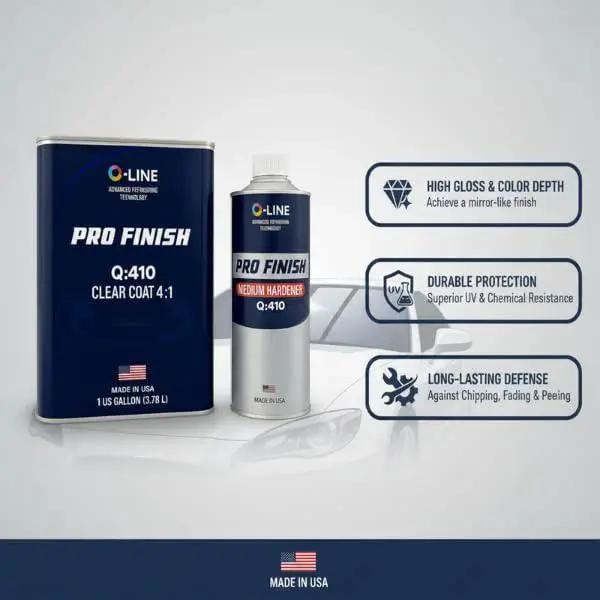 High Gloss 2K Clear Coat Kit With Hardener 4 To 1 For Refinishing 1 Gal And 1 Qt, front view of cans with features.