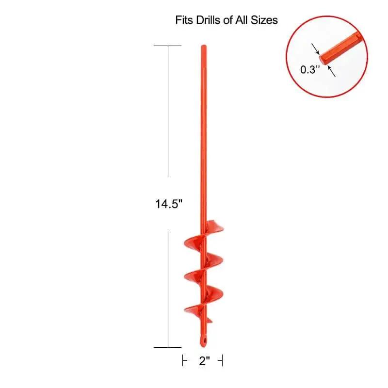 Side view of Efficient Planting Auger Drill Bit With Two Inch Diameter And Fourteen Point Five Inch Length For Fast Garden Digging.