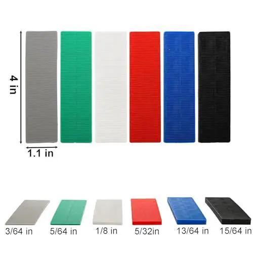 Bulk 300 Piece Plastic Flat Shim Set For Leveling And Tile Installation Color Coded By Thickness From 1mm To 6mm With Grey Green White Red Blue Black Shims In 4 Inch Length And 1.1 Inch Width For Easy DIY Home Improvement
