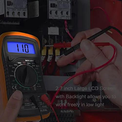 All In One Digital Multimeter Voltmeter Kit With LCD Display For AC DC Voltage And Current testing in use with test leads.