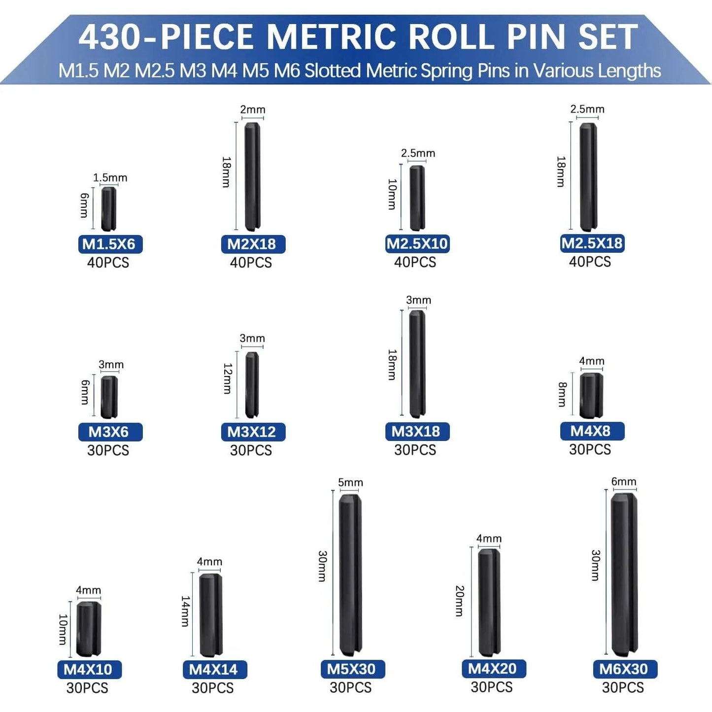 430 Pcs Roll Pin Set, Slotted Metric Spring Pins, Steel Split Expansion Pin M1.5 to M6 size chart, automotive repair tools