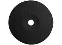 Flat black abrasive wheel with a central hole, textured surface, circular in shape, used for grinding or cutting.