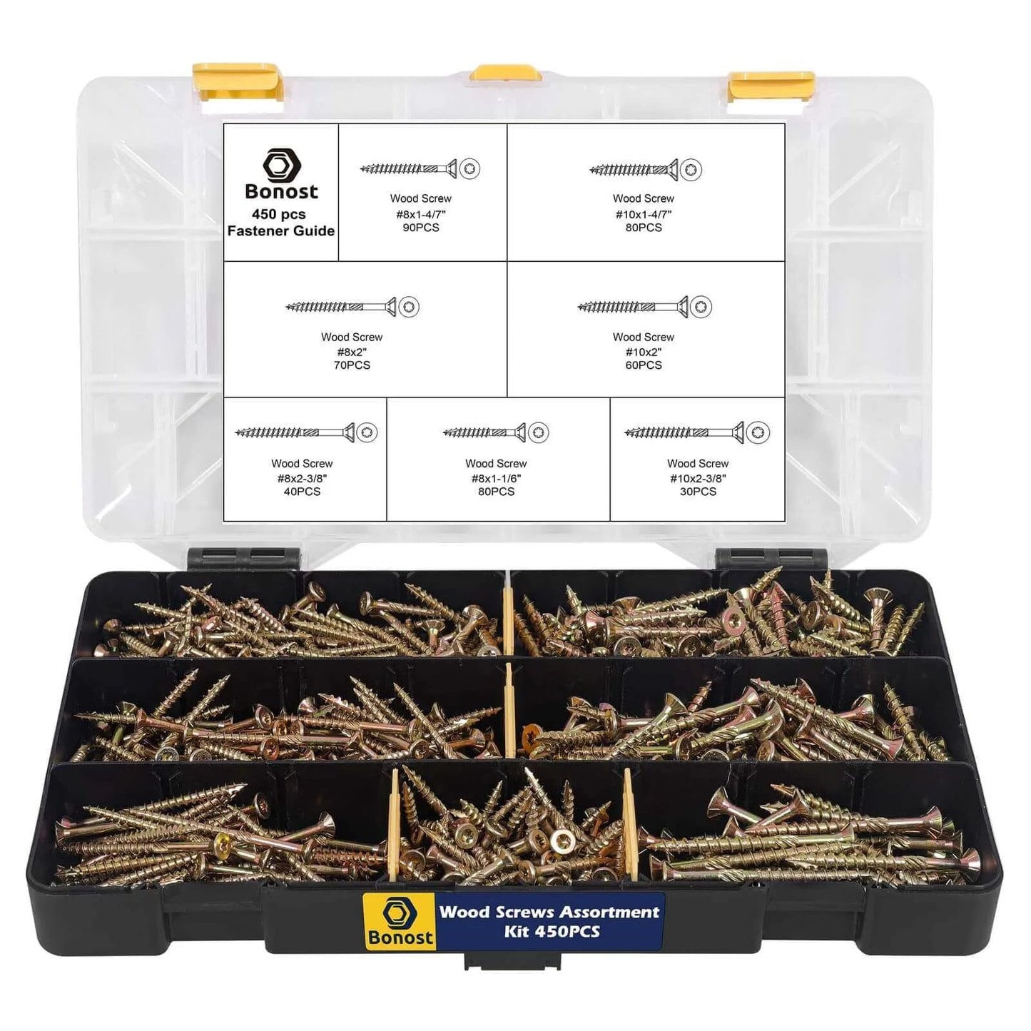 450 Pcs Wood Screws Assortment Kit with Torx Drive Screws and Matching Bits Featuring Multiple Sizes Carbon Steel Construction and Anti Corrosion Coating for Decking Furniture and Woodworking Projects