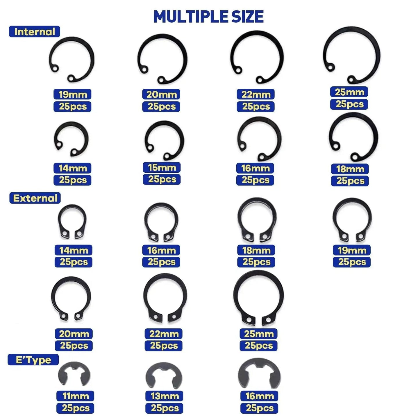 Versatile 450Pcs Circlip Retaining Ring Kit With External and Internal Snap Rings, 3 Types, 18 Sizes, Black Alloy Steel, Multiple Sizes