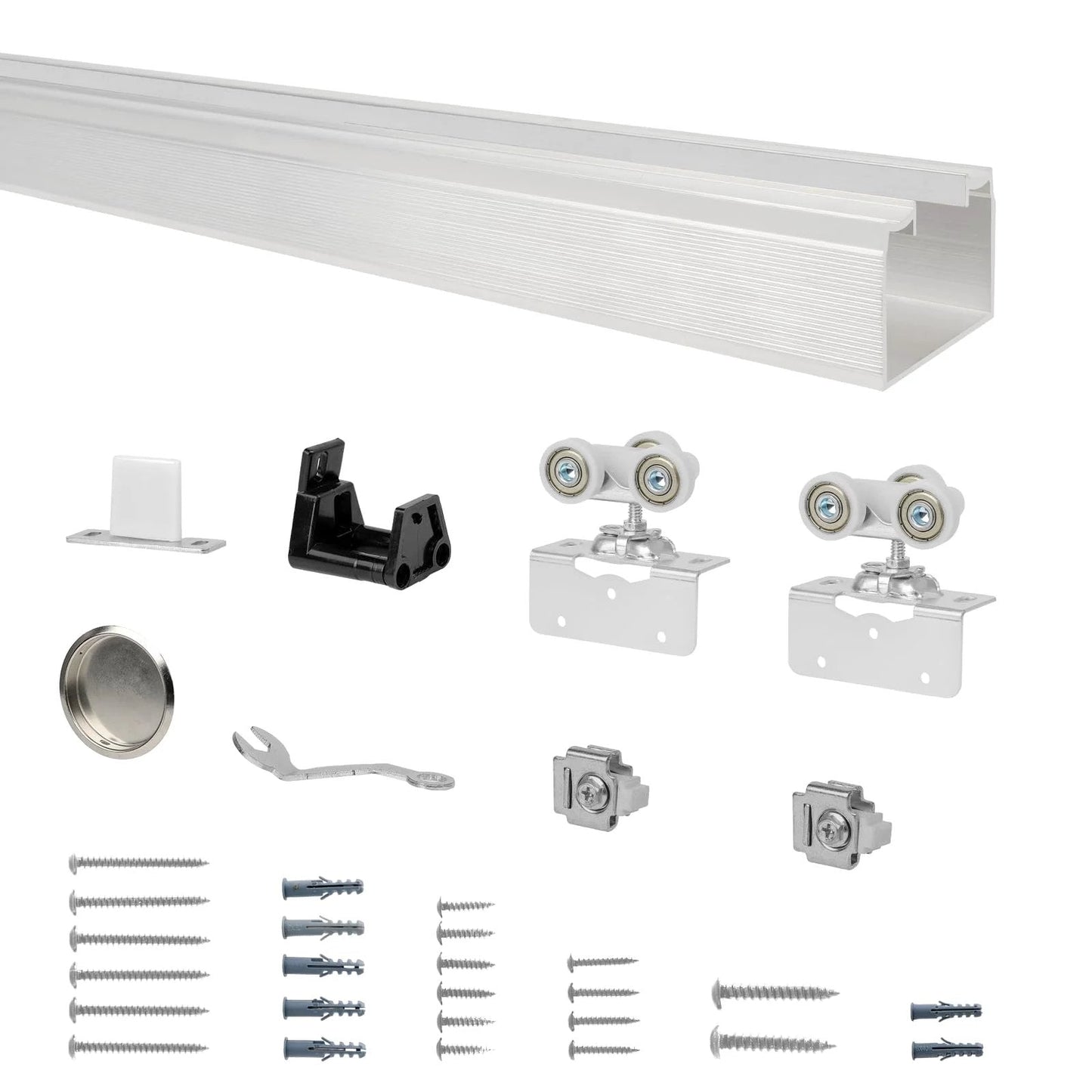 48 Inch Commercial Grade Aluminum Pocket Door Track Kit With Ceiling Mount Box Rail Sliding Door Hardware For Quiet Smooth Operation Corrosion Resistant Aluminum Track And Three Wheel Ball Bearing Hangers Fits Door Panels 1-3/4 Inch Or 1-3/8 Inch