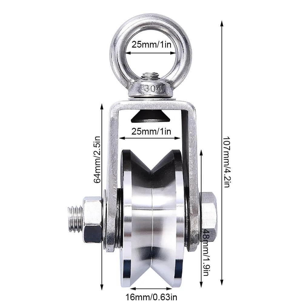 Front view of 48MM Stainless Steel Crane Pulley Block and Tackle Pulley System, showing dimensions and V-type swivel pulleys wheel for rope.