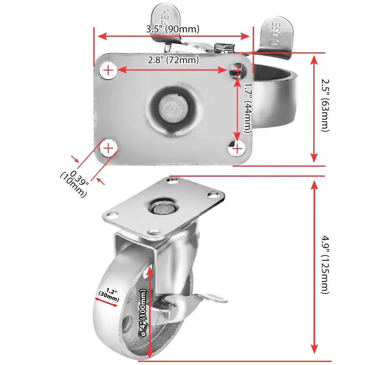 Diagram of Four All Steel Swivel Plate Caster Wheels With Brake Lock, Heavy Duty 400 Lb Capacity Each, 4 Inch Wheel Diameter, Iron Gray Finish.