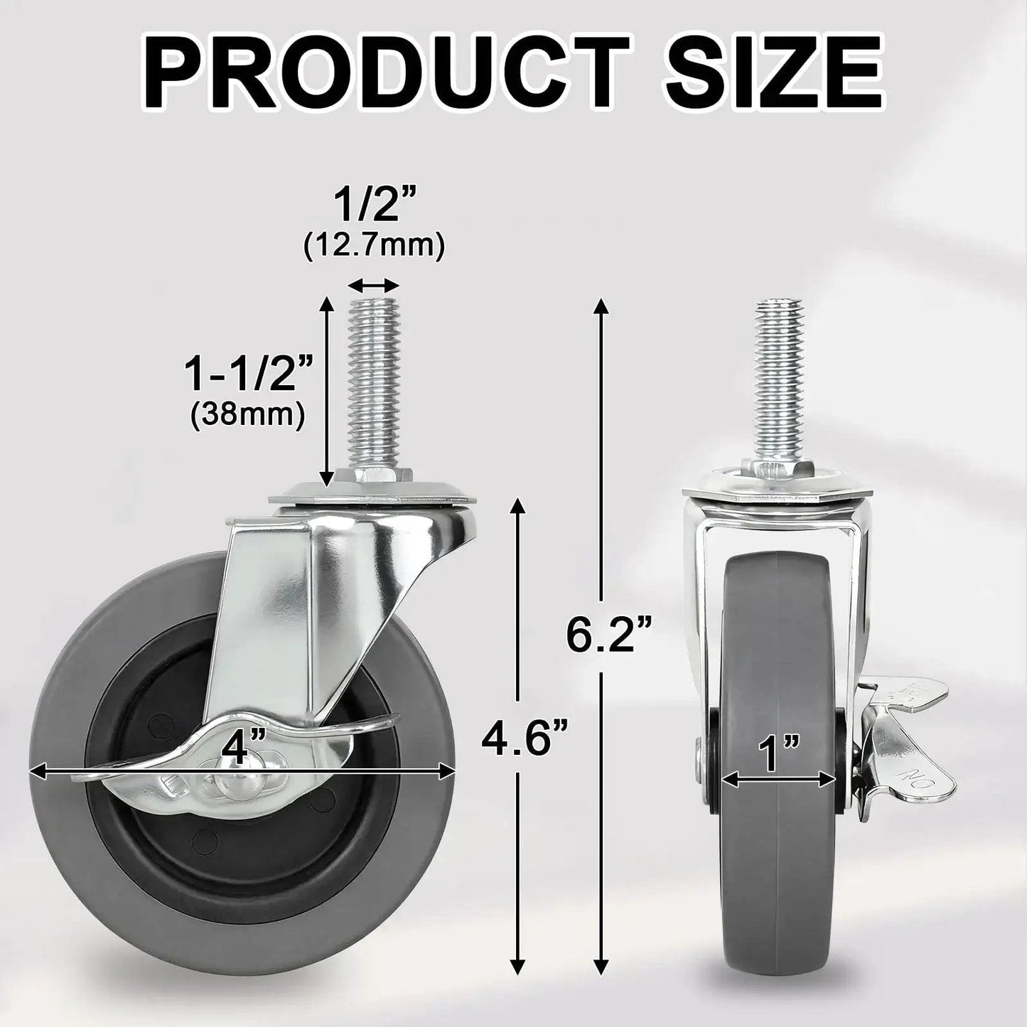 Heavy Duty 4 Inch Thermoplastic Rubber Caster Wheels Set Of 4 With 1/2-Inch-13 X 1-1/2 Inch Threaded Stem, Locking Brakes
