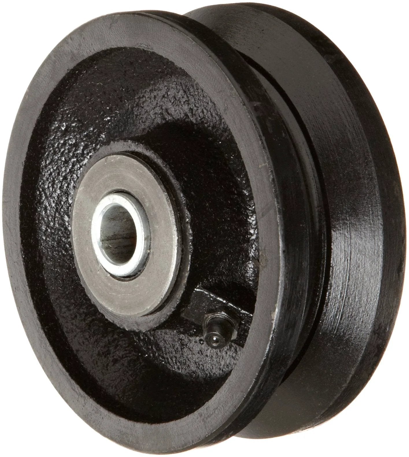 4 Inch Cast Iron V-Groove Wheel With Straight Roller Bearing For Caster Systems, 700 Lb Capacity, 1-1/2 Inch Wheel Width, 1/2 Inch Axle Diameter, 1-7/8 Inch Hub Length, Black Finish, V-Groove 7/8 Inch Wide, 7/16 Inch Deep, Temperature Range -50F To 800F
