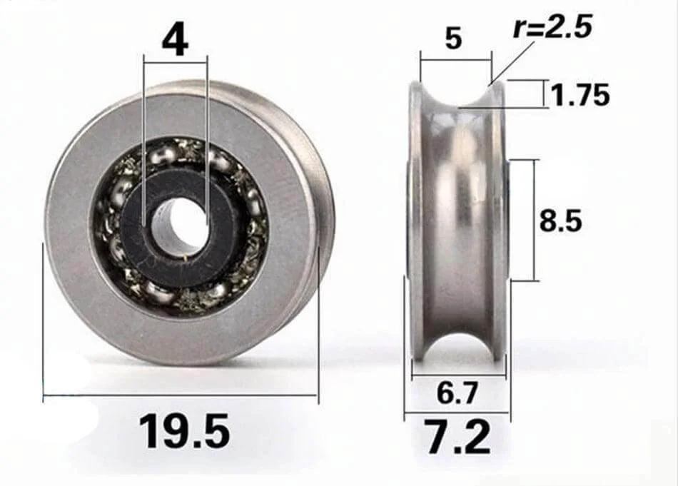4mm Bore Bearing - 19.5mm steel Pulley U-Groove Track Roller 4x19.5x6.7mm