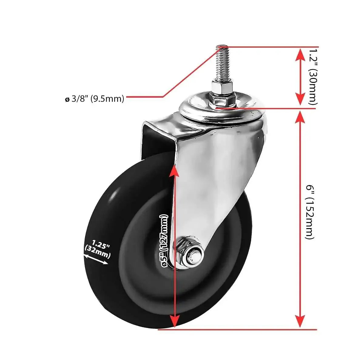 5 Inch Black Caster Wheel No Brake With Three Eighths To One Point Two Inch Threaded Stem Mount Industrial Grade Polyurethane Wheel