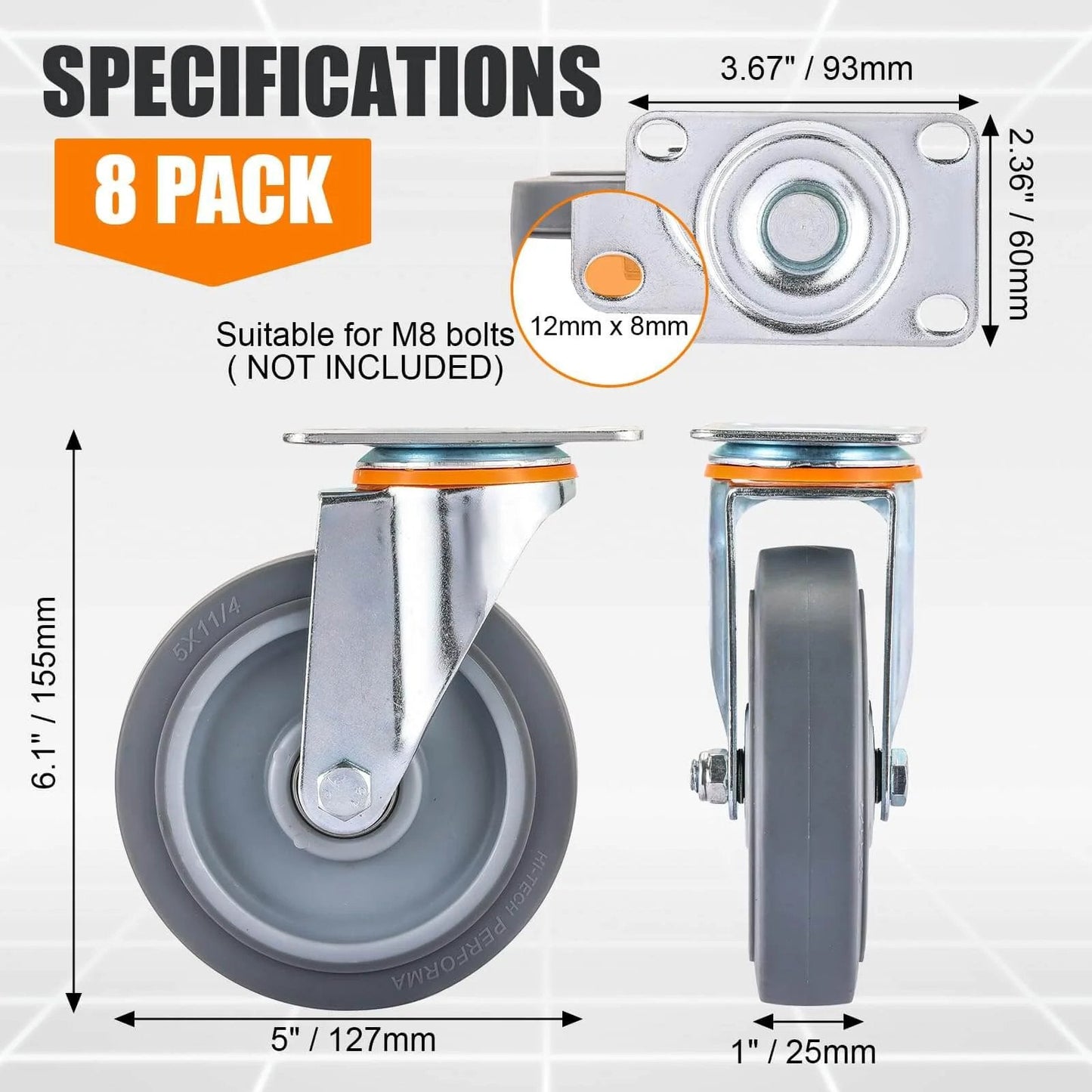 Specifications of 5 Inch Heavy Duty Caster Wheels Replacement Kit, 8 Pcs TPR Rubber Silent Casters, dimensions and design details shown.