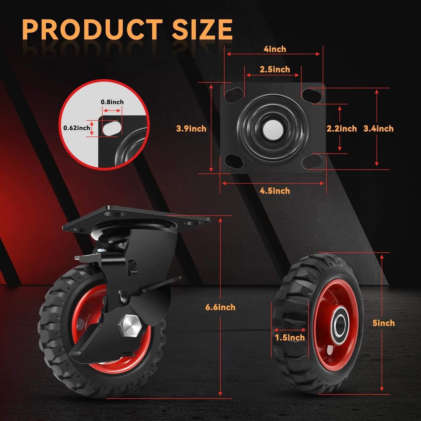 5 Inch Heavy Duty Caster Wheels Set of 4, 1080 LBS Outdoor Industrial Wheels Swivel Large Rubber Casters size diagram