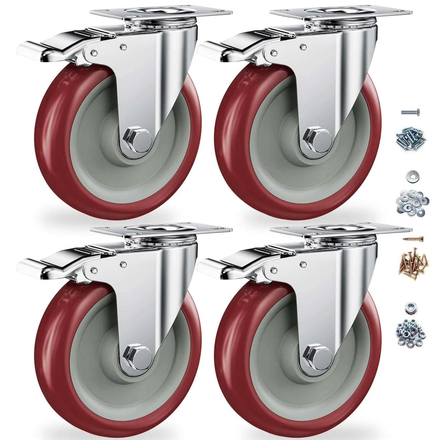 5 inch heavy duty casters with brakes set of 4, double ball bearing non marking wheels rated for 1400 lb capacity