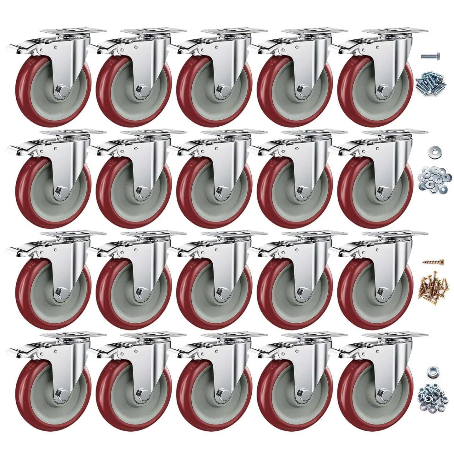 5 inch Heavy Duty Casters with Brake in a 20 pack, non marking swivel plate casters designed for carts and workbenches