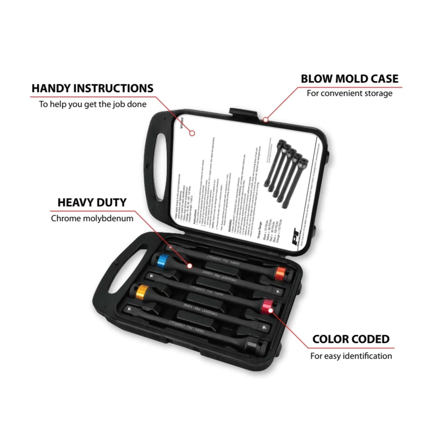 Open blow mold case with 5-Piece Torque Limiting Extension Set, chrome-moly extensions, color-coded for easy identification.