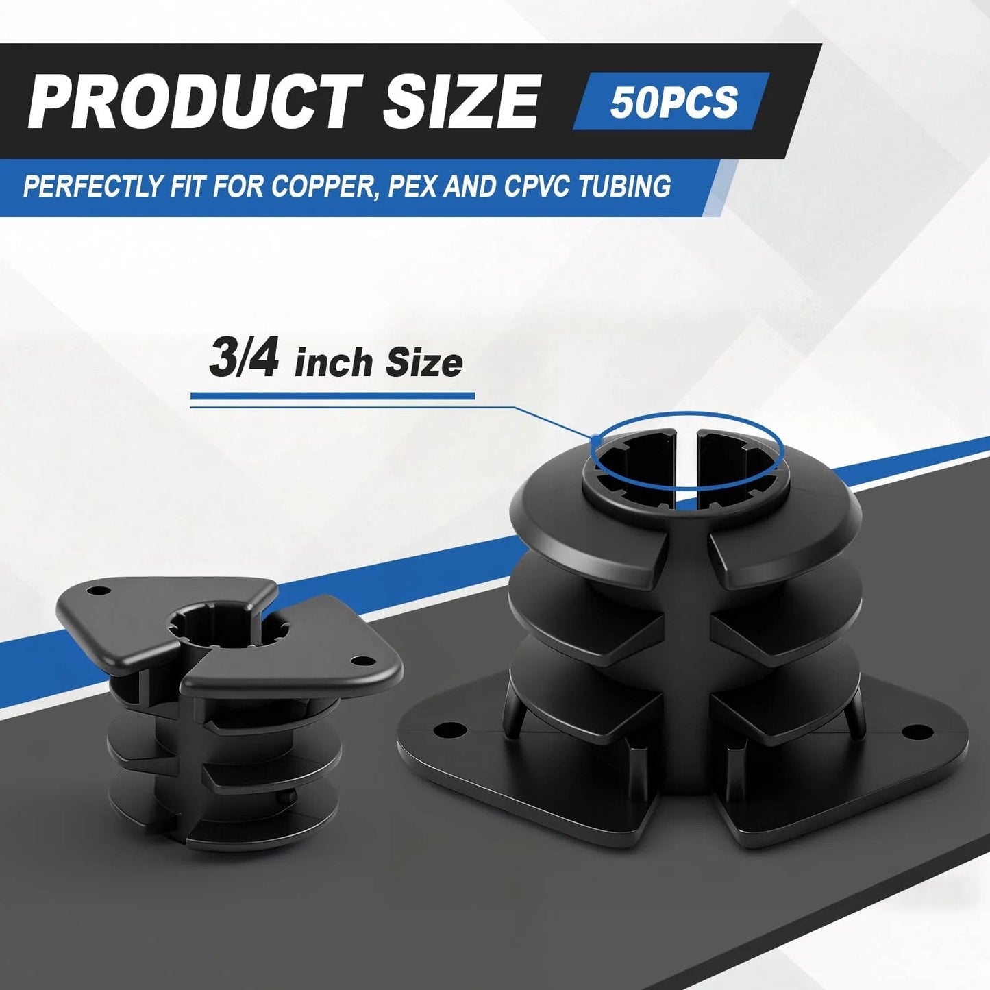 Fifty Pack Three Quarter Inch Through Stud Isolation Clamp Set For PEX Copper CPVC Plumbing Systems Durable Plastic Pipe Supports For Wood Framing And Metal Studs shown in 3/4 inch size.