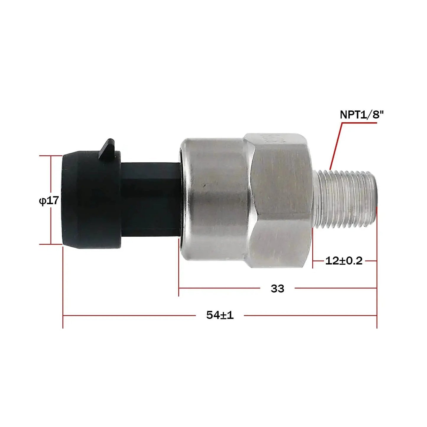Built Tough 500 Psi 1/8 NPT Pressure Transducer Sensor side view showing stainless steel body for oil pressure sender
