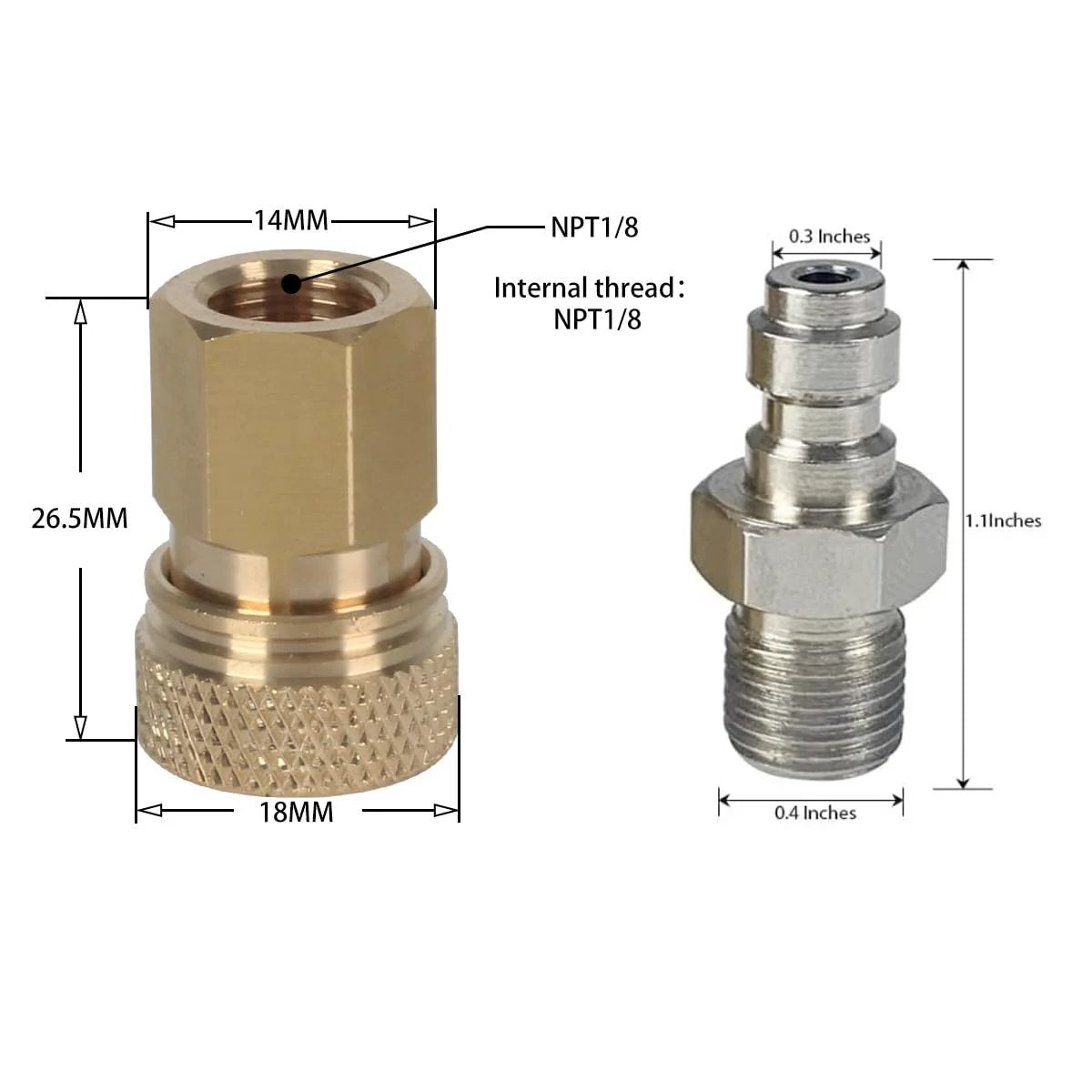 8mm Quick Disconnect To One Eighth NPT Adapter Set For High Pressure Air Systems, showing brass and stainless steel adapters