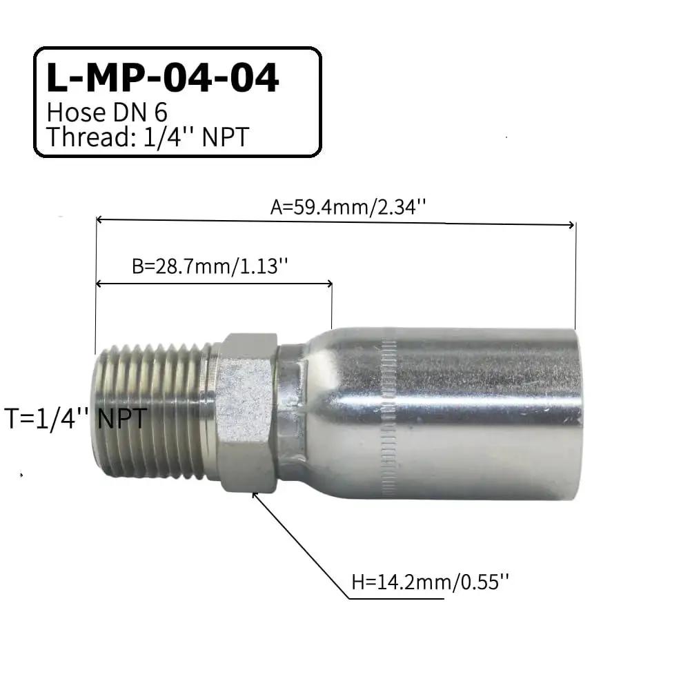 Side view of Ten Pack L-MP-04-04 One Quarter Inch ID Hydraulic Hose End Fittings with specifications and 1/4 NPT male crimp connection