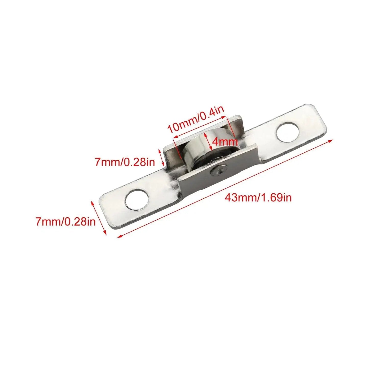 12 Pack Sliding Door Window Pulley Wheel 43x7mm Silver Universal Metal Roller, dimensions labeled, ideal for cabinets and drawers