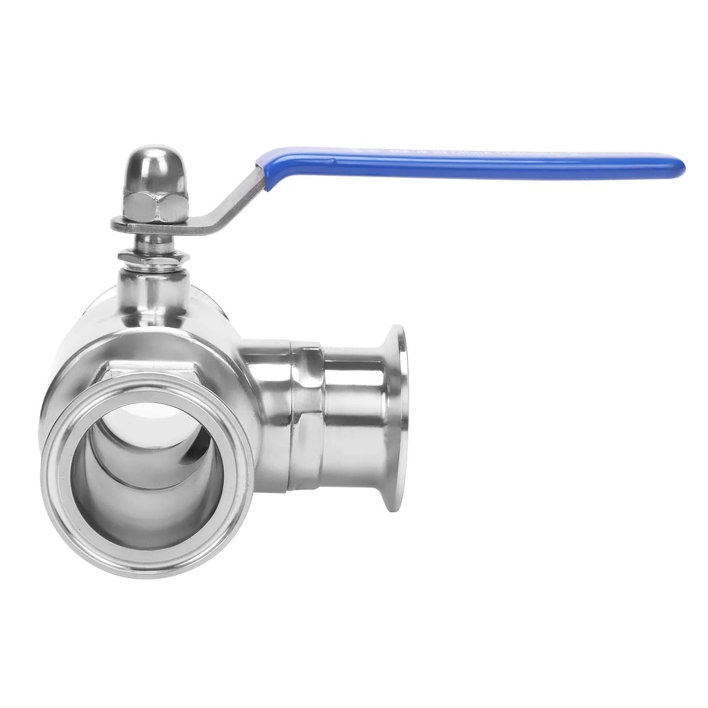 Side view of 2 Inch Tri Clamp Sanitary 3 Way Ball Valve T Port Stainless Steel 304 PTFE Lined For Food And Beverage Dairy Beer Brewing Water Supply Pharma And Bio Chemical Ops, Pro Grade 2 Inch Tube OD DERNORD.