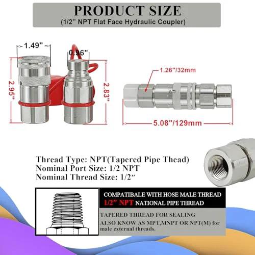 Universal Half Inch NPT Flat Face Hydraulic Quick Connect Couplers Fittings Dry Break for Bobcat Skid Steer ISO 16028 1 Set