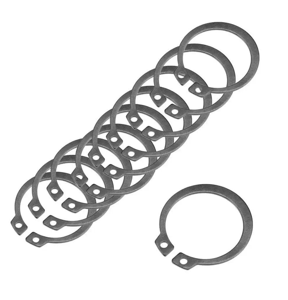 Durable Spring Steel External Snap Ring Set With Black Oxide Finish for Quarter Inch Shafts Ten Pack shown in arrangement