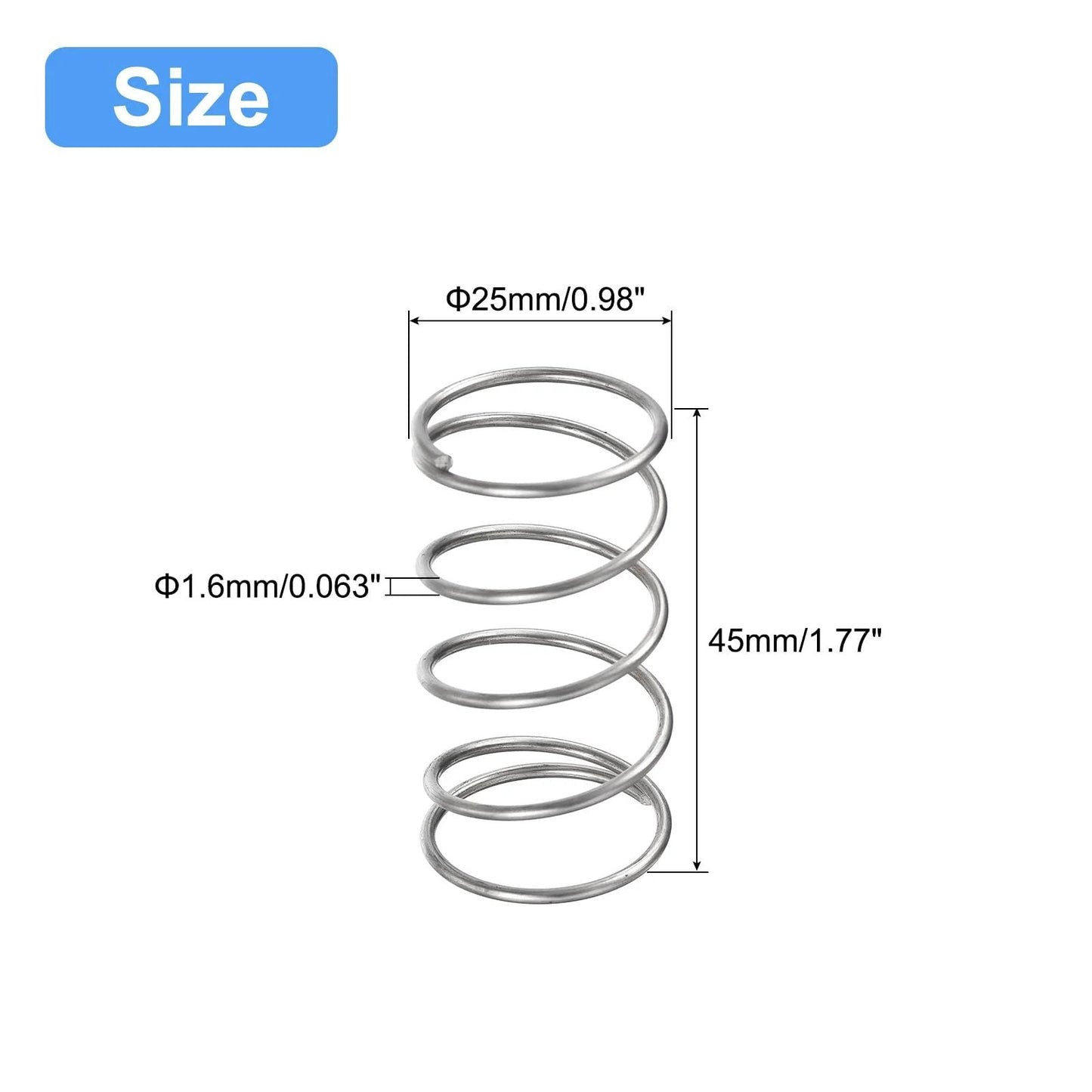Five Piece 304 Stainless Steel Compression Spring Set 25mm Outer Diameter 1.6mm Wire 45mm Free Length Silver Tone High Elasticity