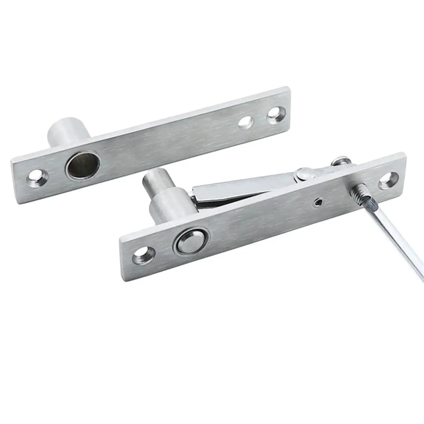 360 Degree Stainless Steel Swing Door Pivot Hinge for Concealed Bookcase shown detached, highlighting metal finish and holes for installation.