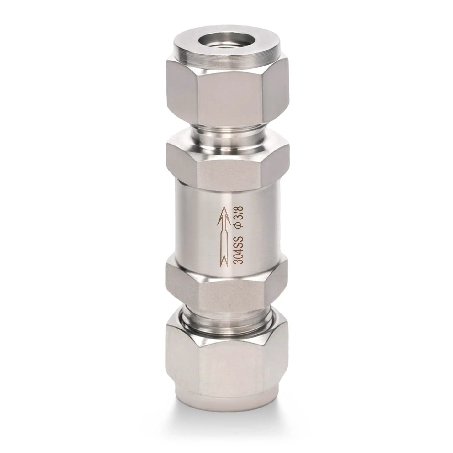 Front view of Premium Heavy Duty 304 Stainless Steel Compression Check Valve For Water Oil Gas Three Eighths Inch OD