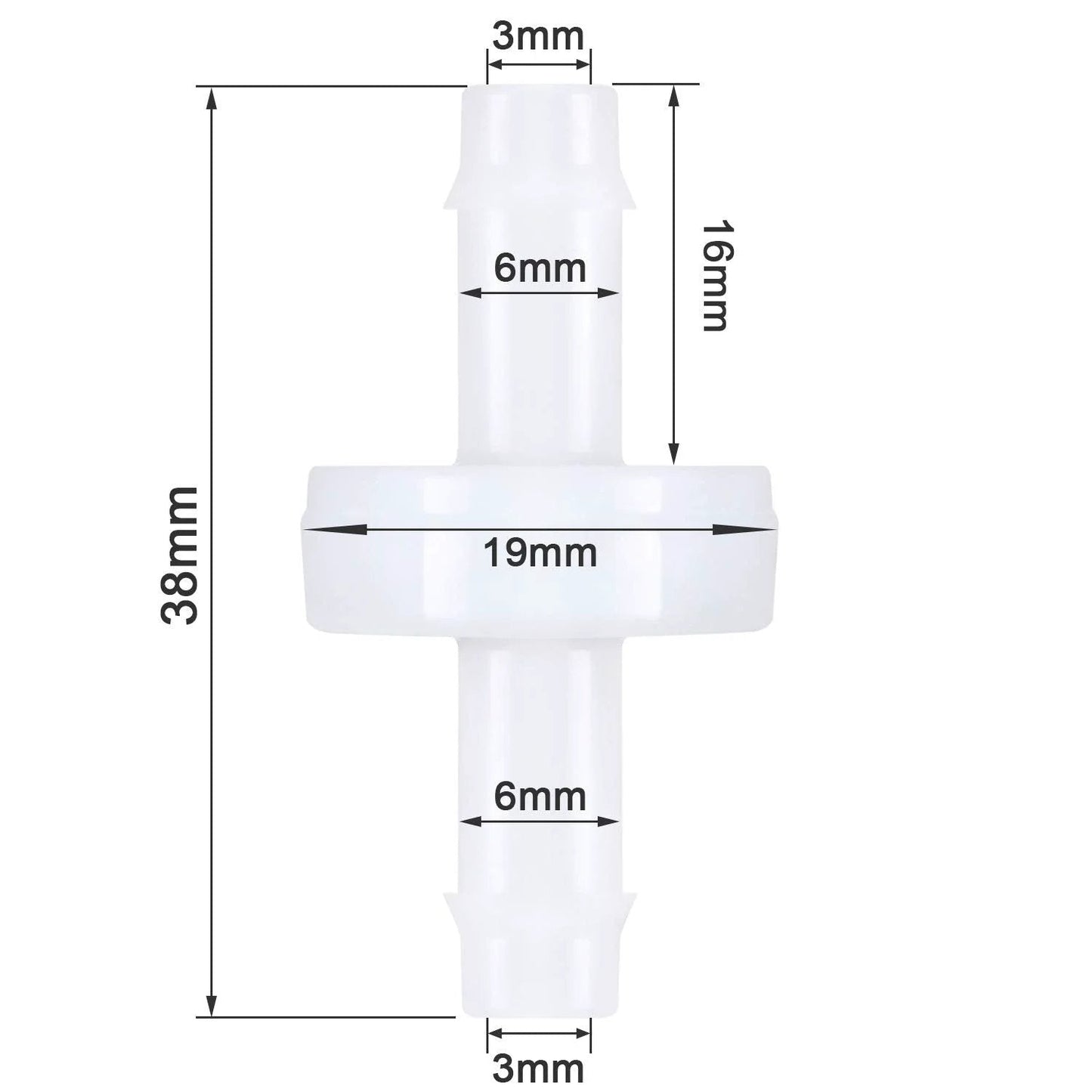Four Pack Quarter Inch PVDF Check Valve One Way Flow Blocker with dimensions for fuel, gas, water, air lines, wear-resistant