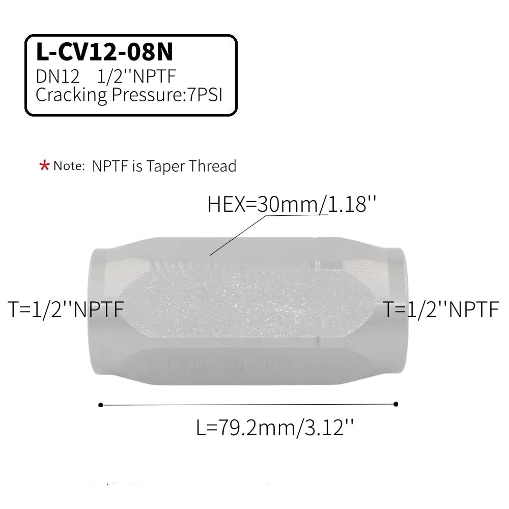 Inline Heavy Duty Hydraulic Check Valve 1/2 NPTF High Pressure Non Return Valve 5000 PSI Single Way Flow 12 GPM Zinc Nickel Plating Minus Forty Celsius To One Hundred Twenty Celsius CV Series with dimensions and taper thread indication