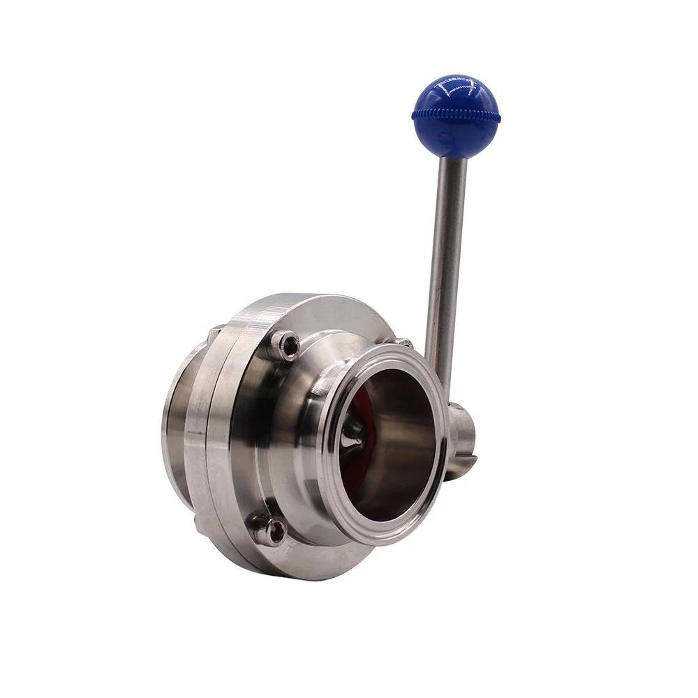 Side view of Premium Stainless Steel 304 Sanitary Butterfly Valve with pull handle for 1.5 inch tri clamp clover tubing.
