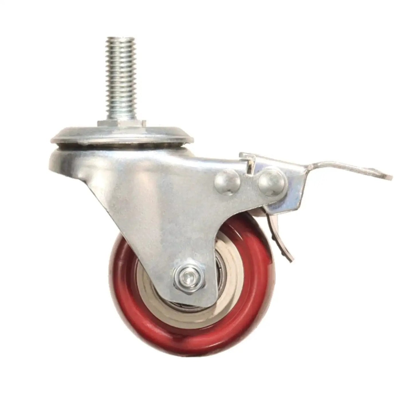 Side view of Heavy Duty Swivel Stem Castors With Red PU Wheels Double Locking Quiet Smooth Non Marking Floor Safe Load Capacity 800-1000 Lb