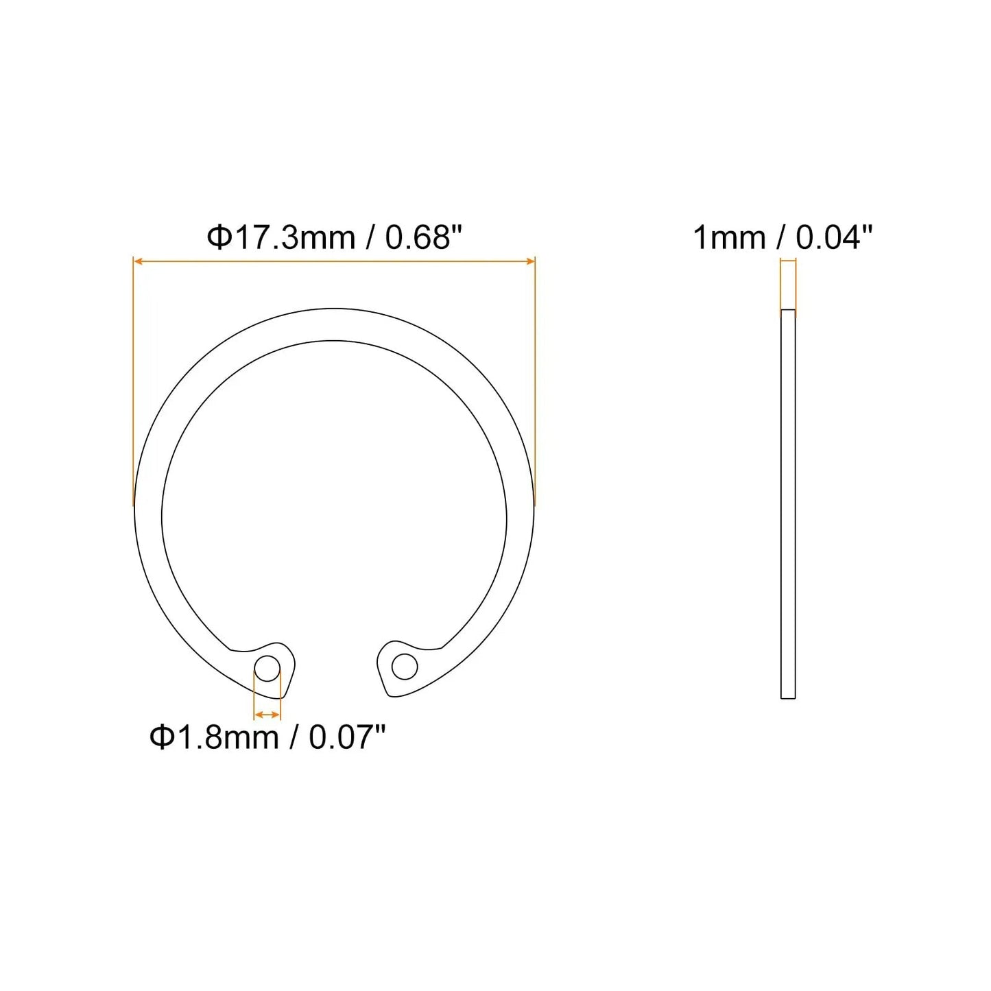 Diagram of Internal Retaining Ring Circlip 20Pcs 16mm 304 Stainless Steel, showing dimensions and side view, 17.3mm OD, 1.0mm thick.