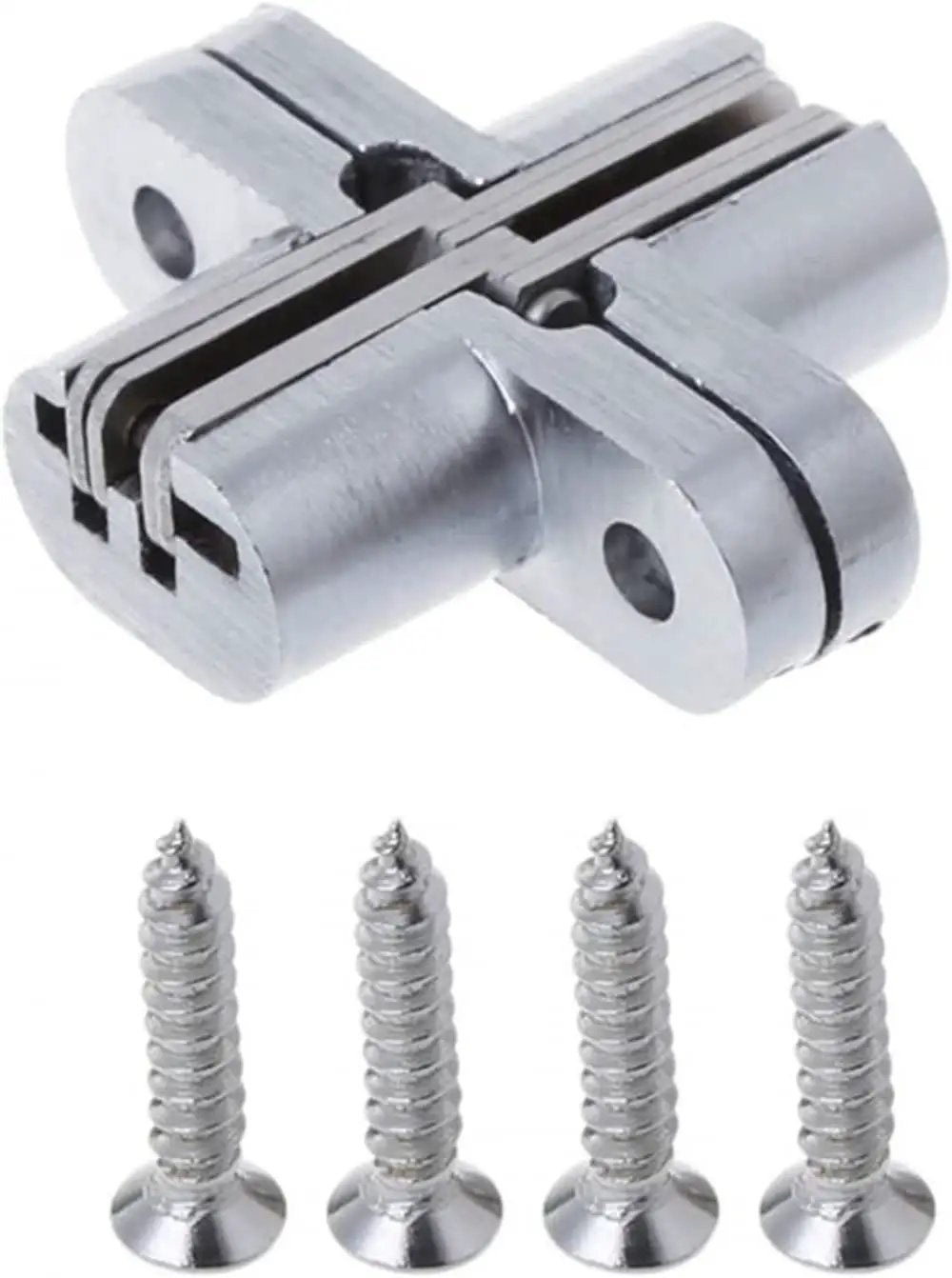 Hidden Cross Hinge for Concealed Mortise Doors, 180 Degree Folding Opening, with screws, adjustable conceal hinge, close-up view